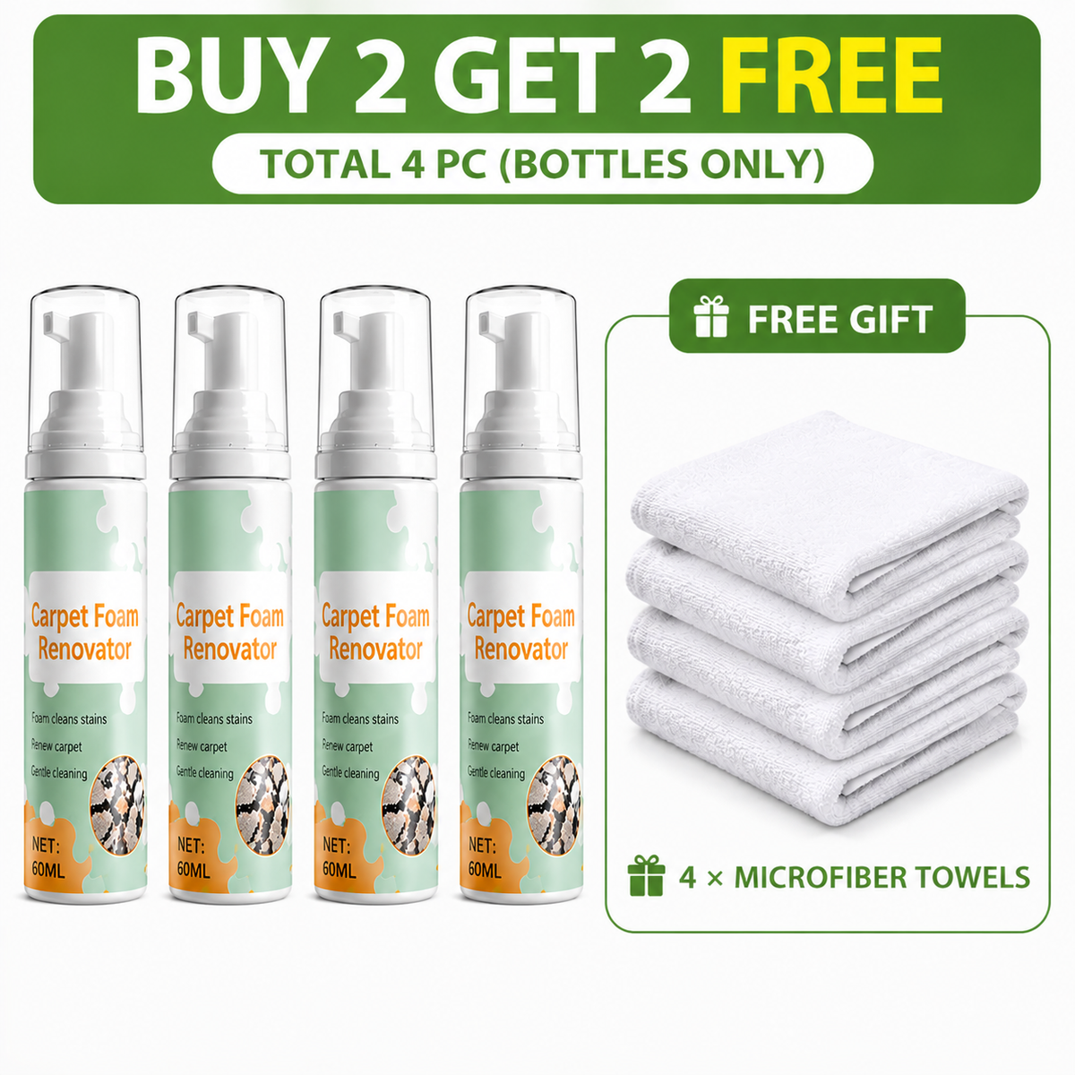 Last Day Special Price ! Buy 1 Get 1 Free Waterless Carpet Foam Stain Remover with Towel